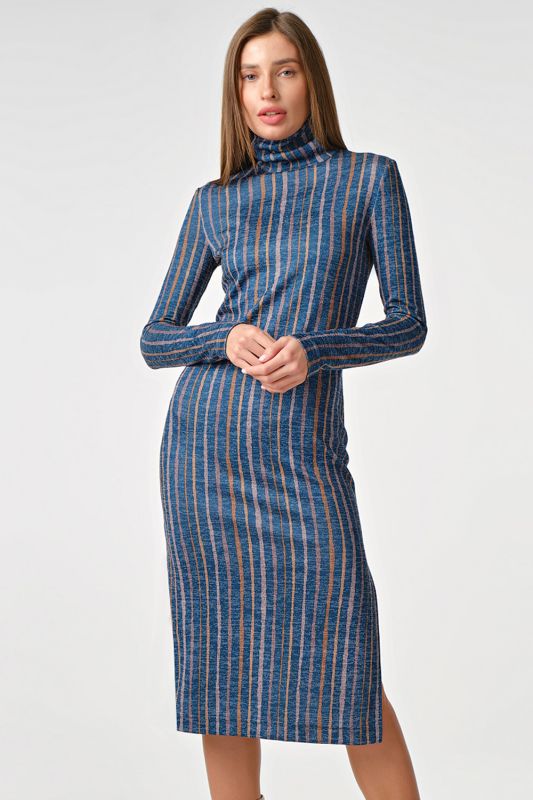 Long sleeve striped knitted midi dress on blue