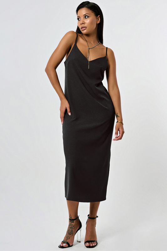 Black linen-style midi combination dress