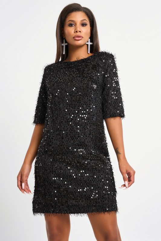 Straight silhouette evening dress made of fabric with sequins black