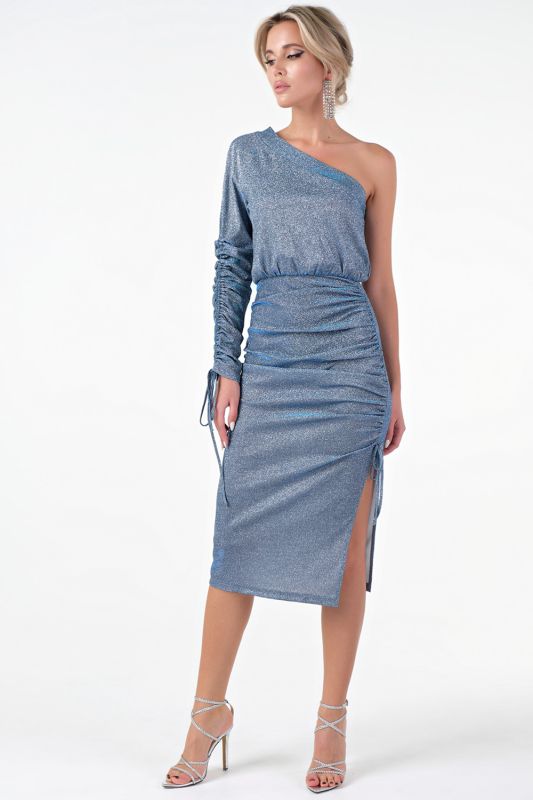 Semi-fitted silhouette dress of knitted fabric with silver-blue spraying