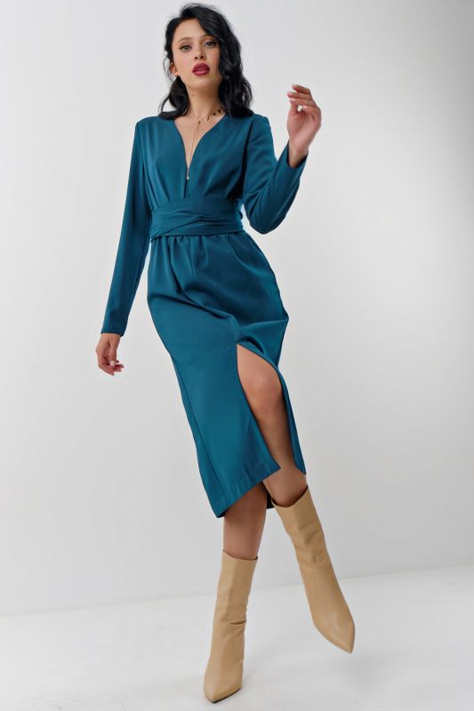 Casual long sleeve midi dress in turquoise