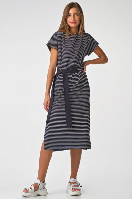 Cotton T-shirt dress with waist ties with stripes on black