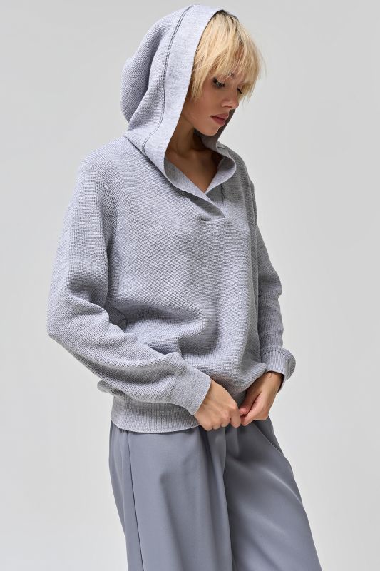 Hooded cotton sweater melange light gray