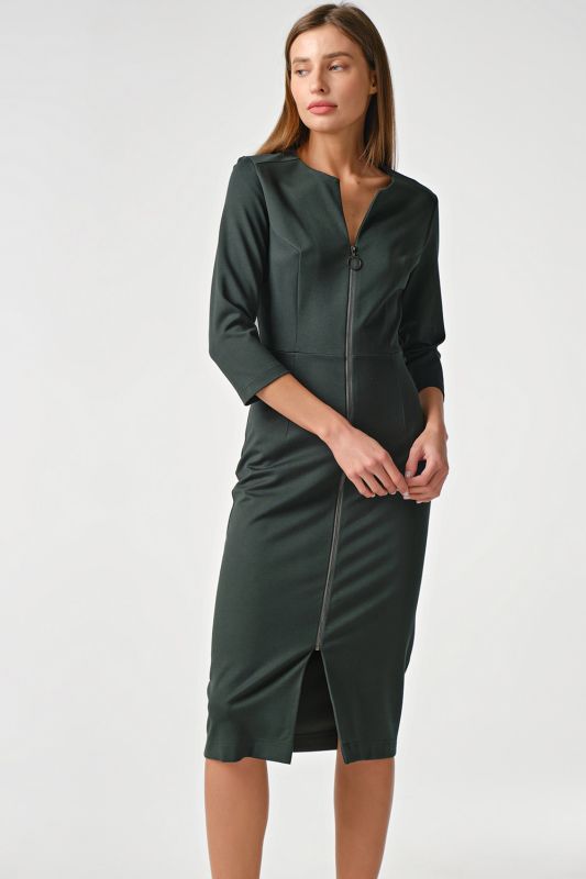 Dark green knitted midi dress with lock in front