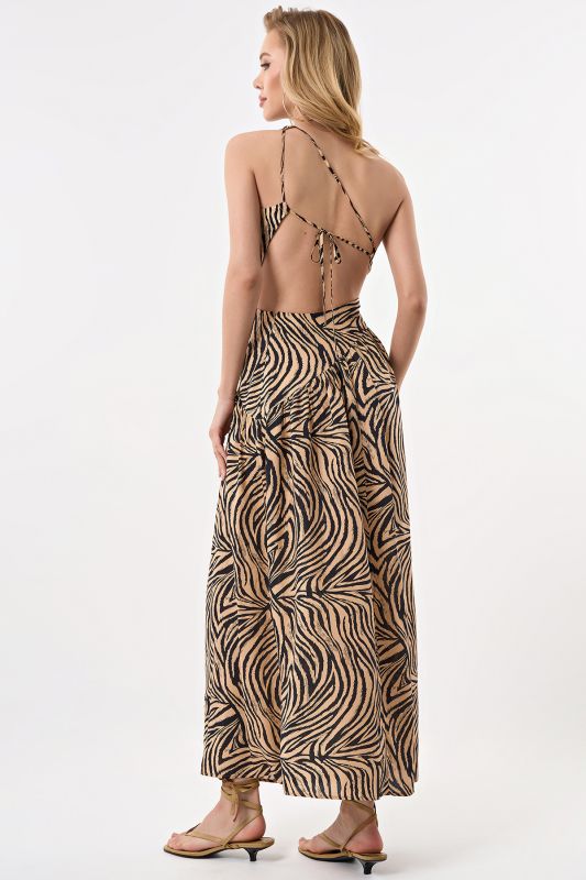 Summer maxi dress with open back made of viscose with animal tiger print