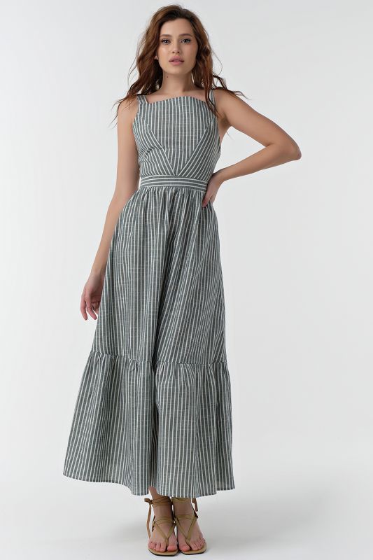 Long cotton summer dress with white striped stripes on green