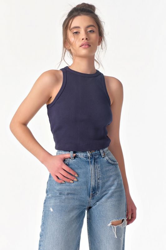 Cotton knit crop top in navy blue