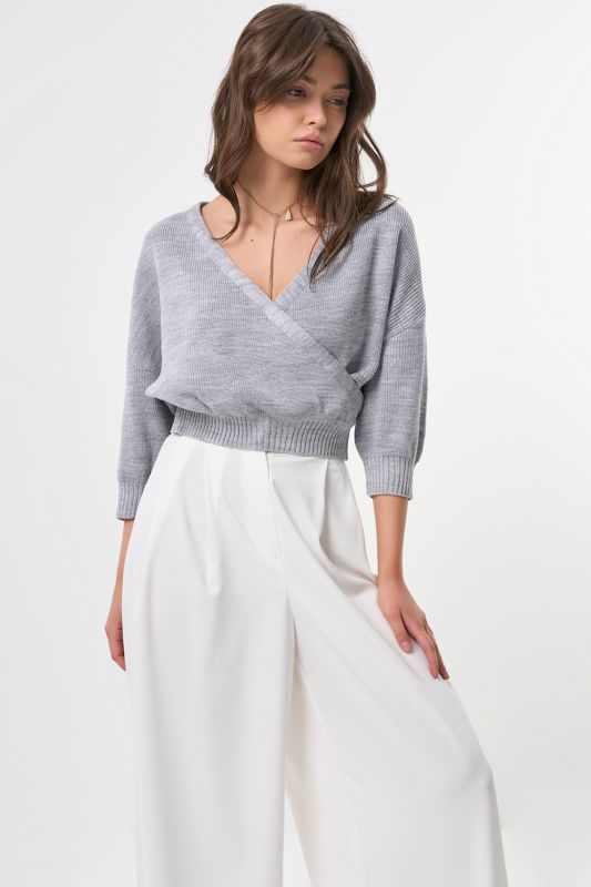 Summer shortened cotton melange sweater in light gray