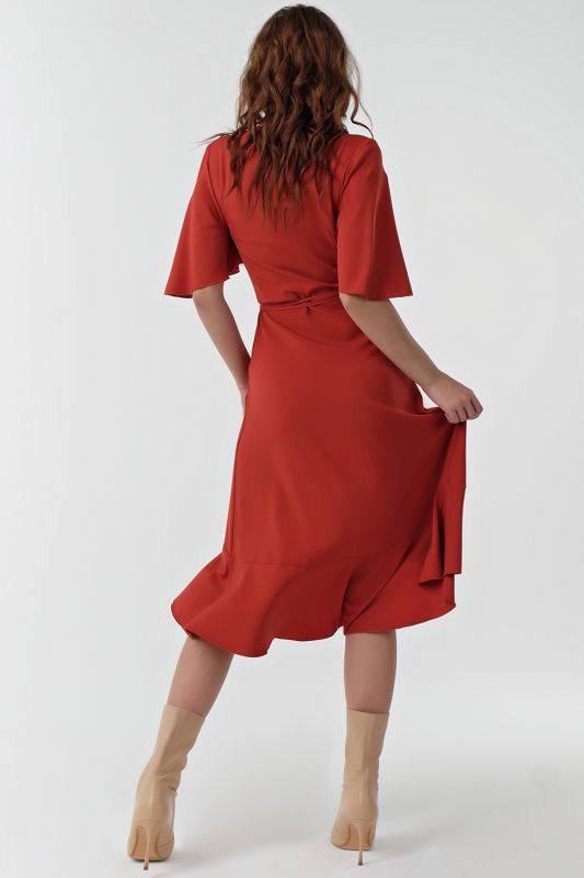 Terracotta fitted dress with flounces midi