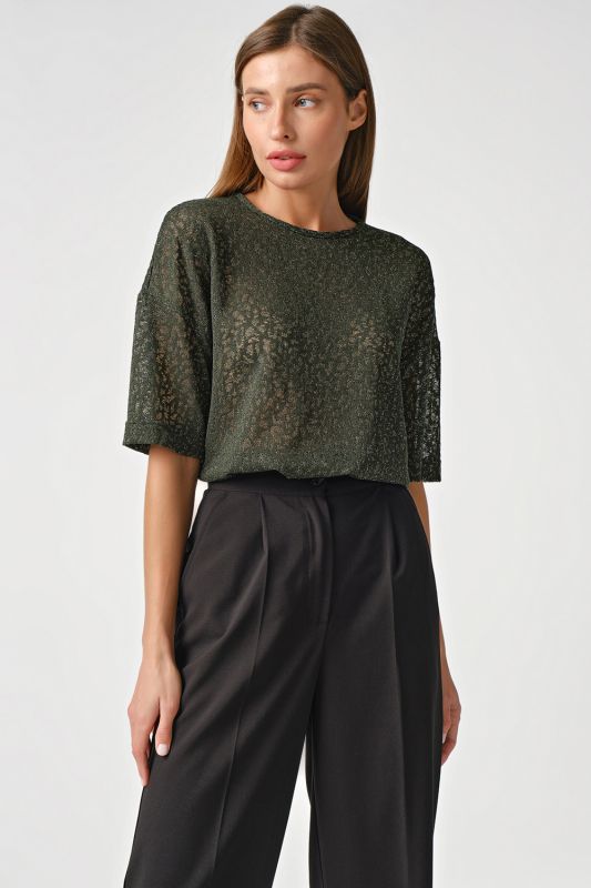 Green openwork knitted tunic with lurex