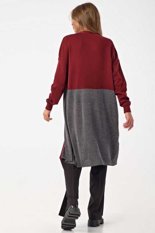 Cardigan knitted loose two-color gray-burgundy