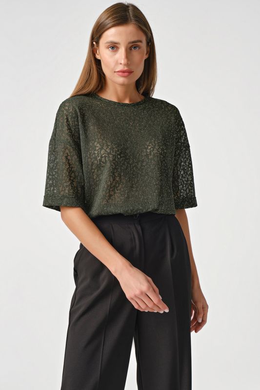 Green openwork knitted tunic with lurex