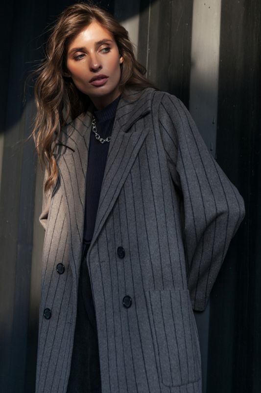 Double-breasted straight wool coat with striped coffee color