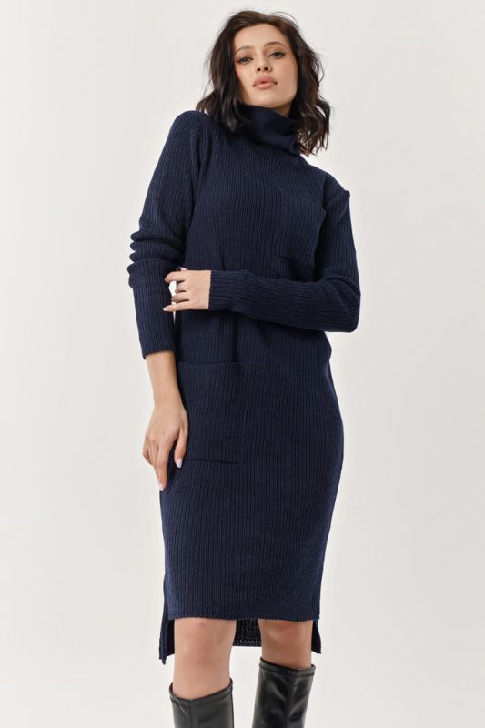 Warm midi dress with high neck dark blue