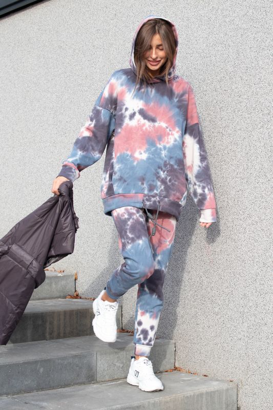 Sport suit with hooded tie-dye gray-blue