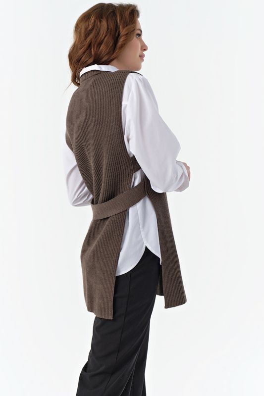 Knitted long vest with slits on sides made of cotton coffee color