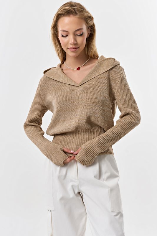 Cotton hooded sweater with melange melange beige