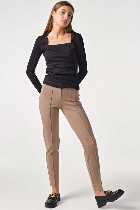 Beige stretch knit pants with high fit