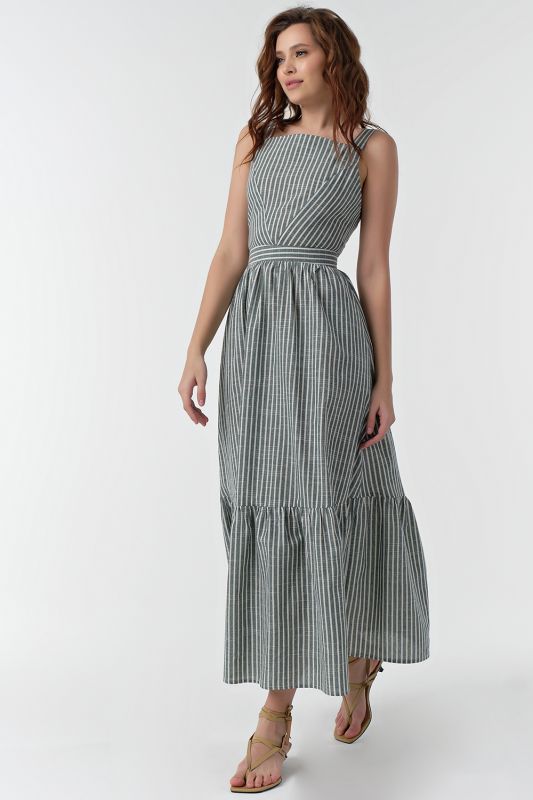 Long cotton summer dress with white striped stripes on green