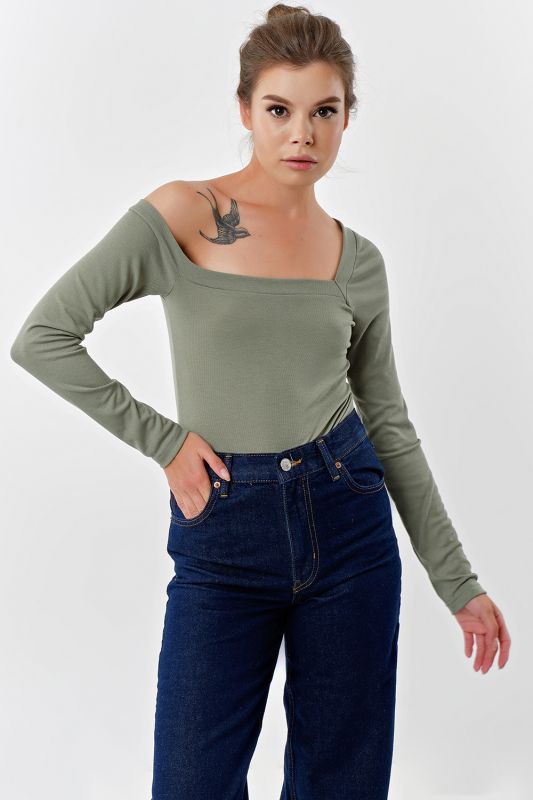 Soft knit body with open shoulder olive color