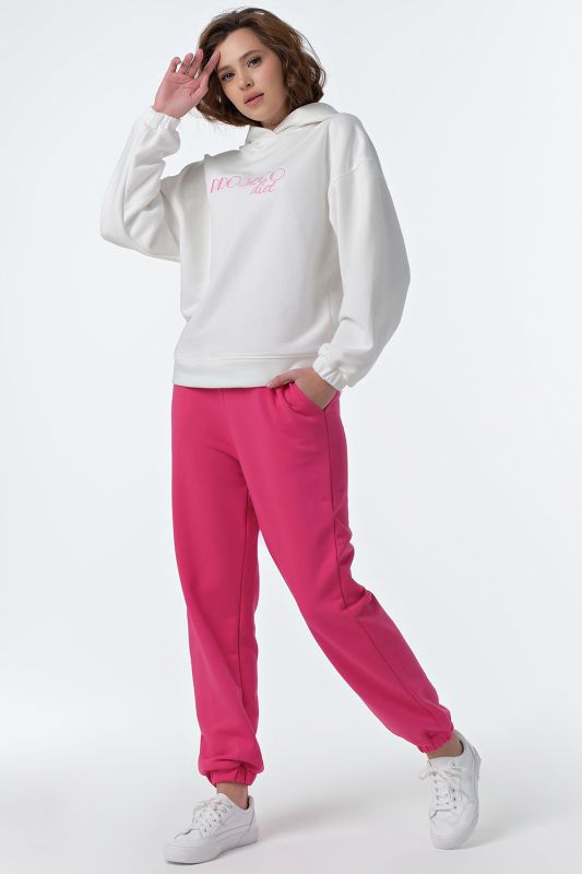 Sporty knitted pants suit with cotton hoodie white-pink