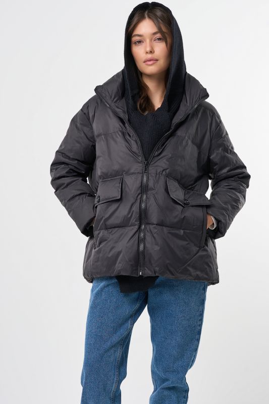 Down jacket with detachable knitted hood black