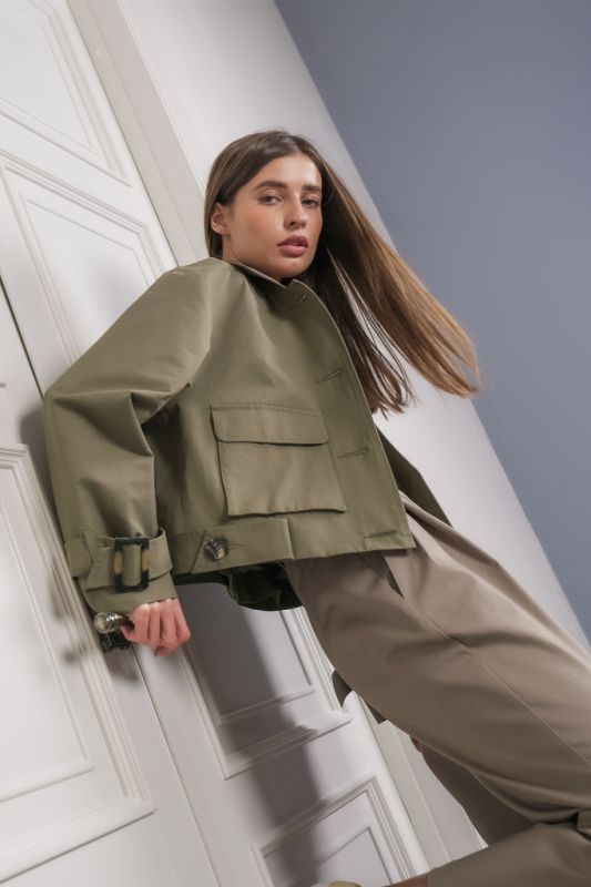 Khaki cotton over-size windbreaker with pockets