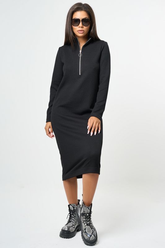 Black knitted straight midi dress with long sleeves