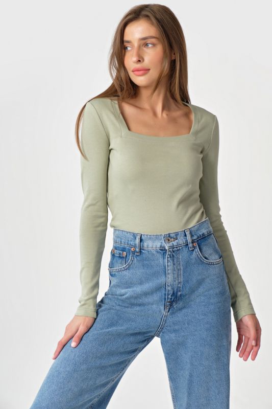 Cotton square neck knit longsleeve green