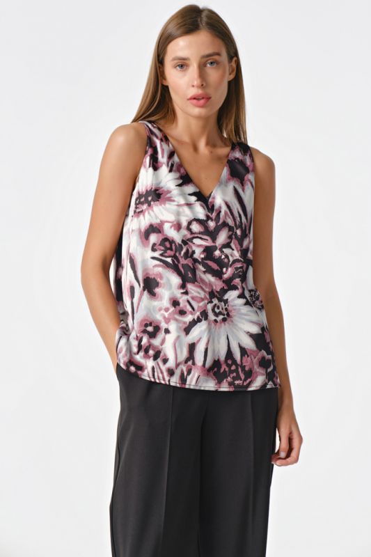 Basic satin top with floral print on white