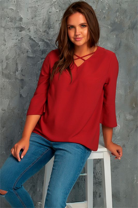 Large size straight office blouse in red