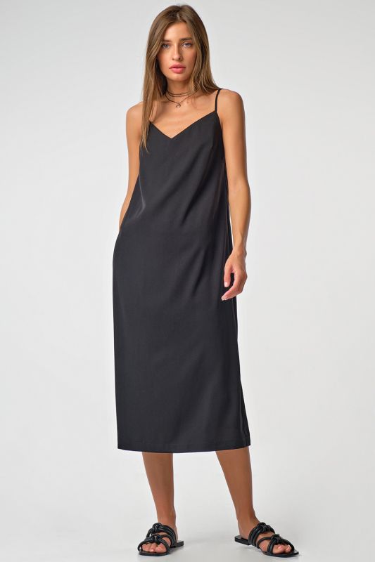 Black linen-style midi combination dress