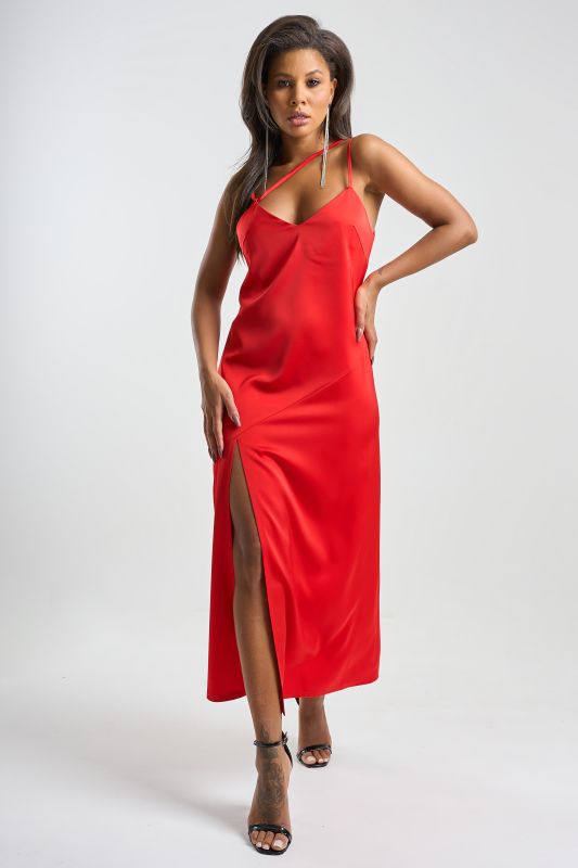 Flowing combination dress in scarlet fabric