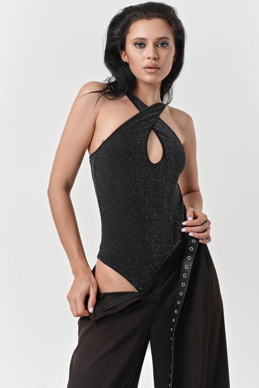 Shimmering black jersey body with lurex lace knit