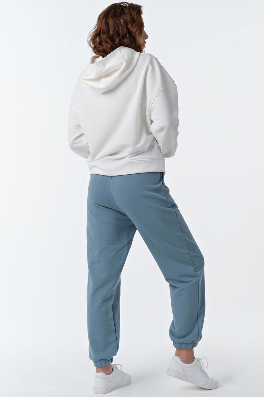 Sporty jersey knit pantsuit with cotton hoodie in blue and white