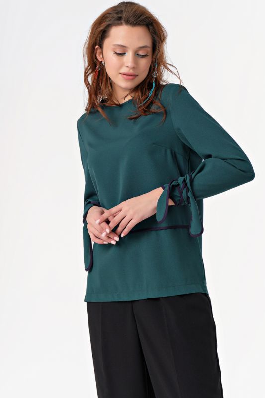 Long blouse with ties for office dark green