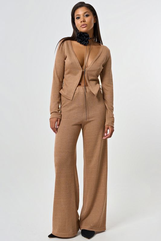 Wide pants made of openwork knitted fabric with lurex beige