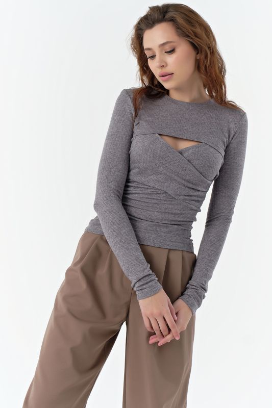 Knitted sweater with chest neckline gray