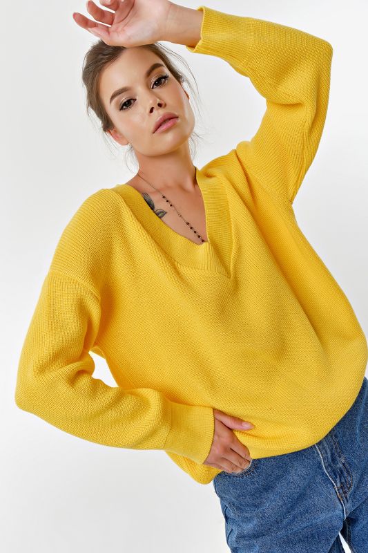 Cotton melange melange yellow v-neck knitted sweater