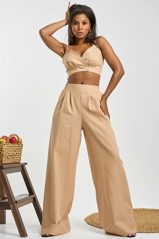 Beige linen palazzo pants