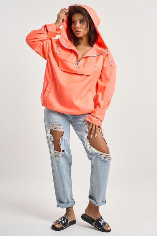 Lightweight hooded windbreaker in neon orange