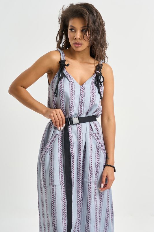 Cotton dress with belt print on gray-blue