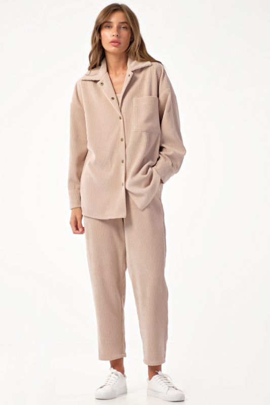 Corduroy pant suit with beige shirt