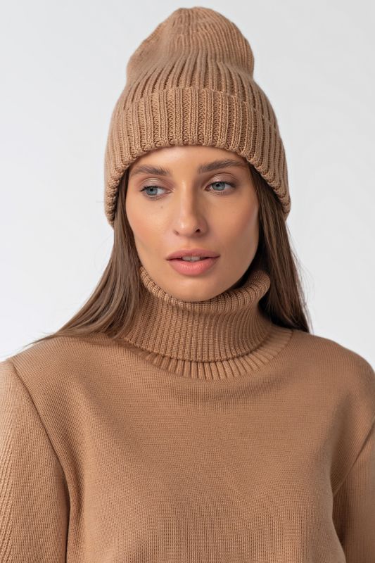 Beanie hat with lapel camel