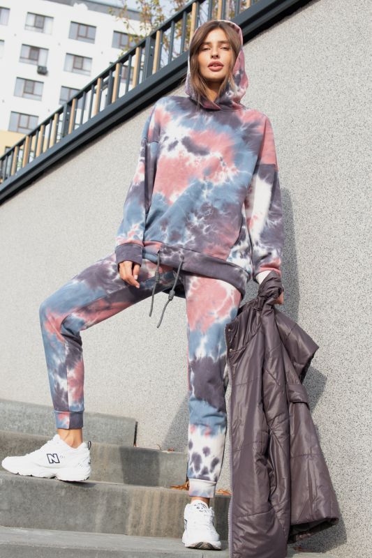 Sport suit with hooded tie-dye gray-blue