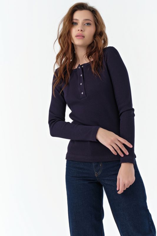 Cotton knitted longsleeve with buttons navy blue