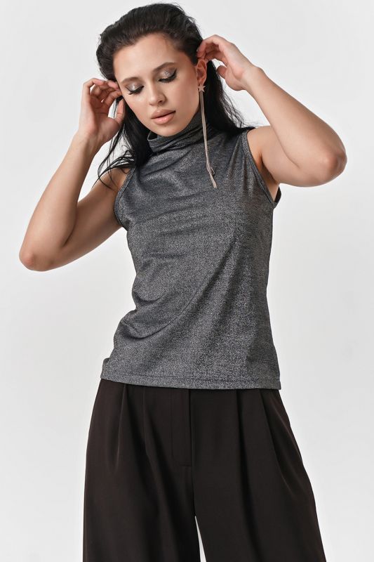 Sleeveless turtleneck knit shimmering black