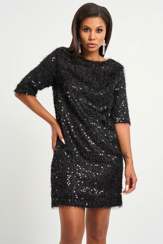 Straight silhouette evening dress made of fabric with sequins black