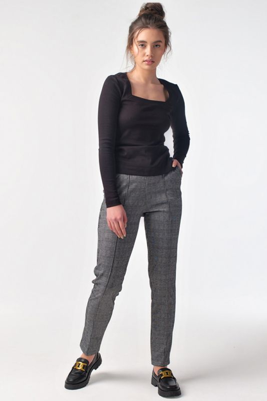 Black and gray plaid classic slim-fit pants with elastic band