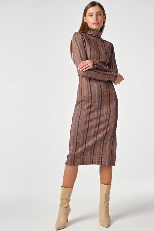 Long sleeve knit midi dress with striped stripes in bronze